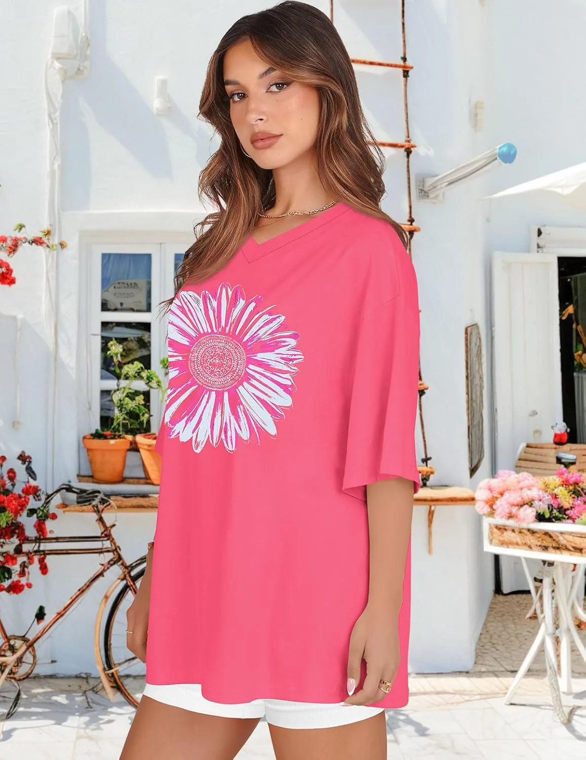 Oversized Tshirts for Women V Neck Short Sleeve Summer Casual Basic Loose Tops