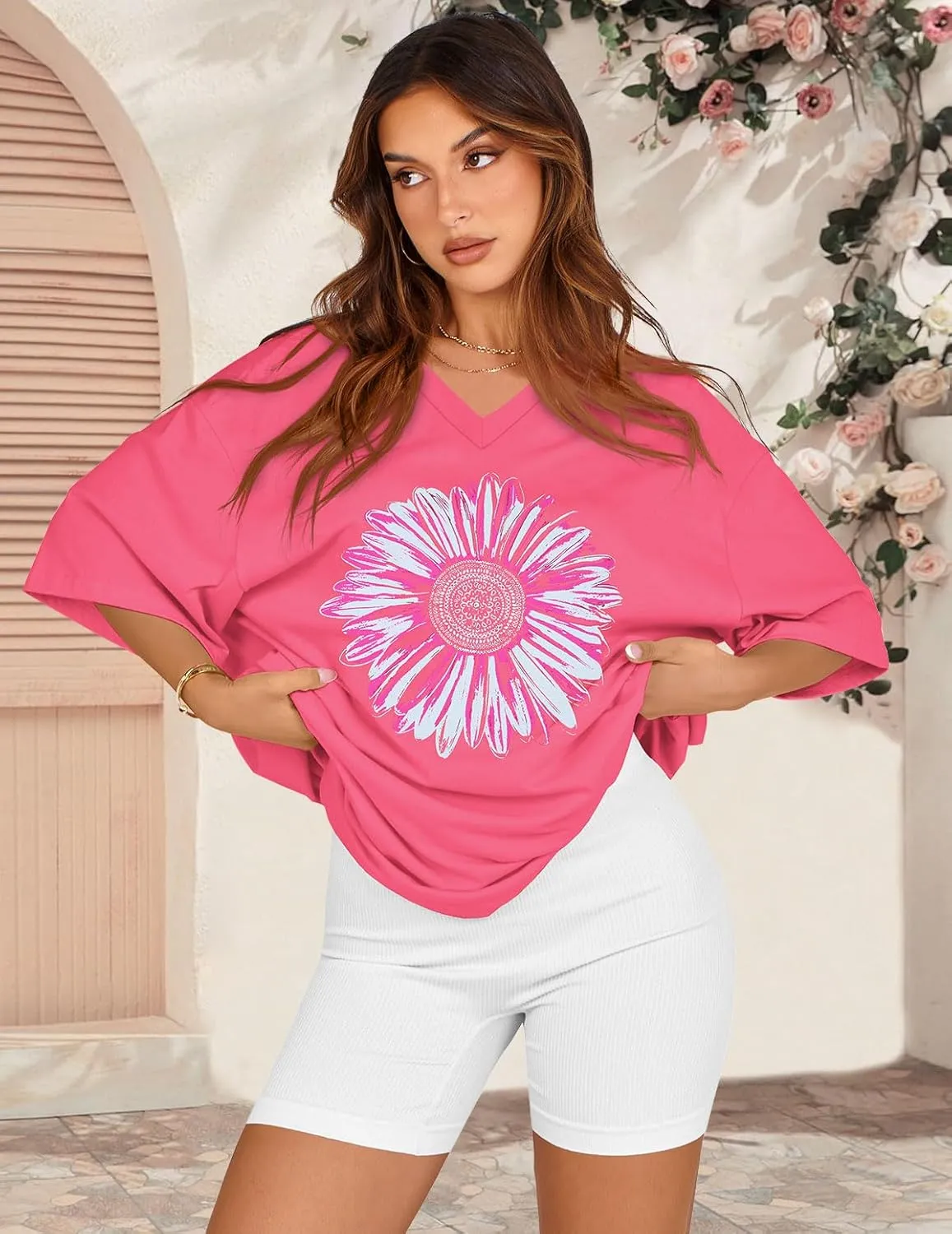 Oversized Tshirts for Women V Neck Short Sleeve Summer Casual Basic Loose Tops