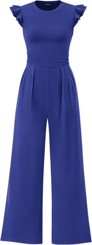 PRETTYGARDEN Summer Jumpsuits for Women Dressy 2025 Casual Ruffle Cap Sleeves Romper Crew Neck Rib Knit One Piece Outfits
