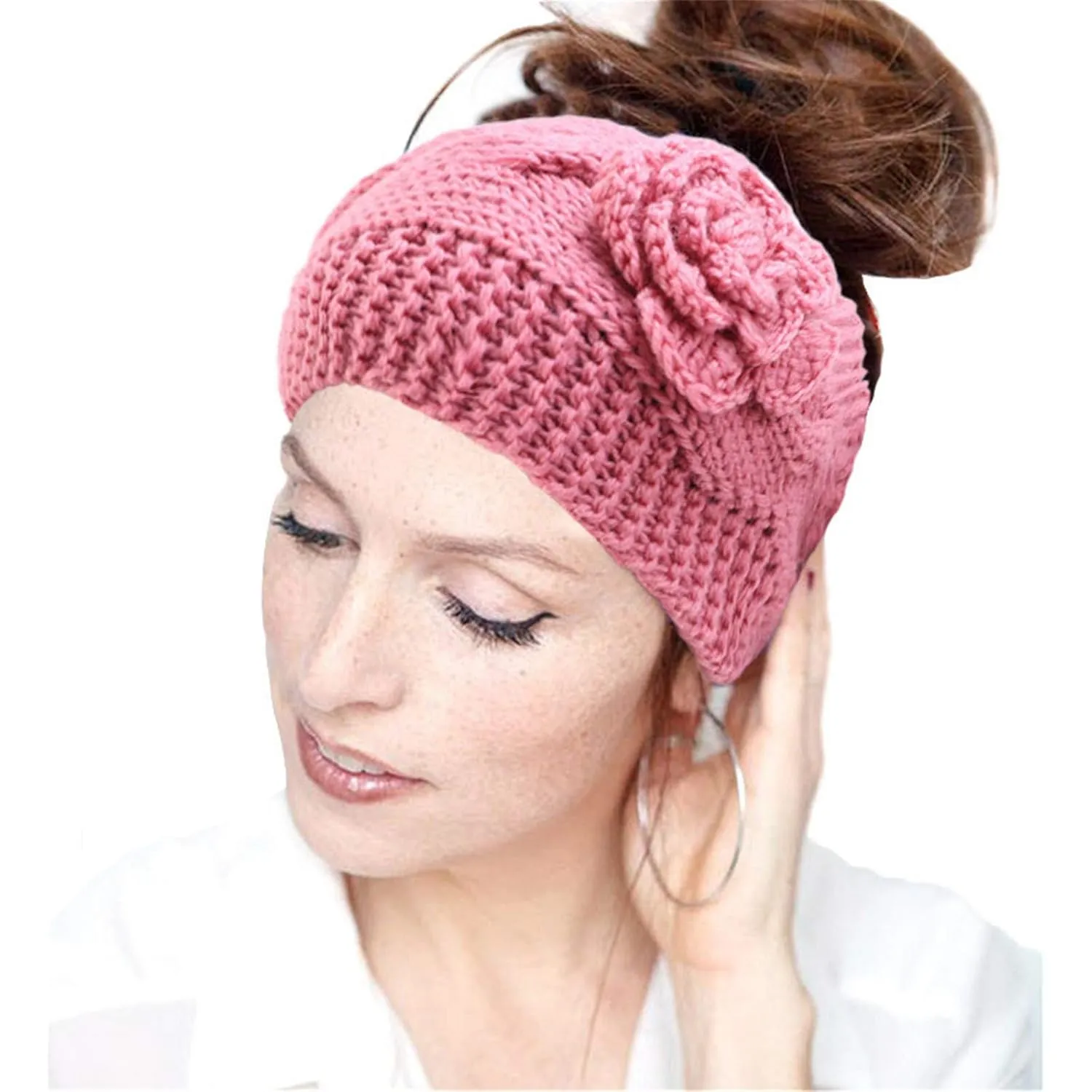 Qianmome Handmade Crochet Flower Headwrap Knit Headband Women Warmer Ear Wool Wide Turban Hairband Bandage