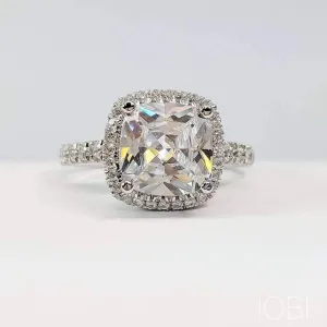 Regina 3CT Cushion Cut Halo IOBI Simulated Diamond Sterling Silver Platinum Plated Ring For Woman