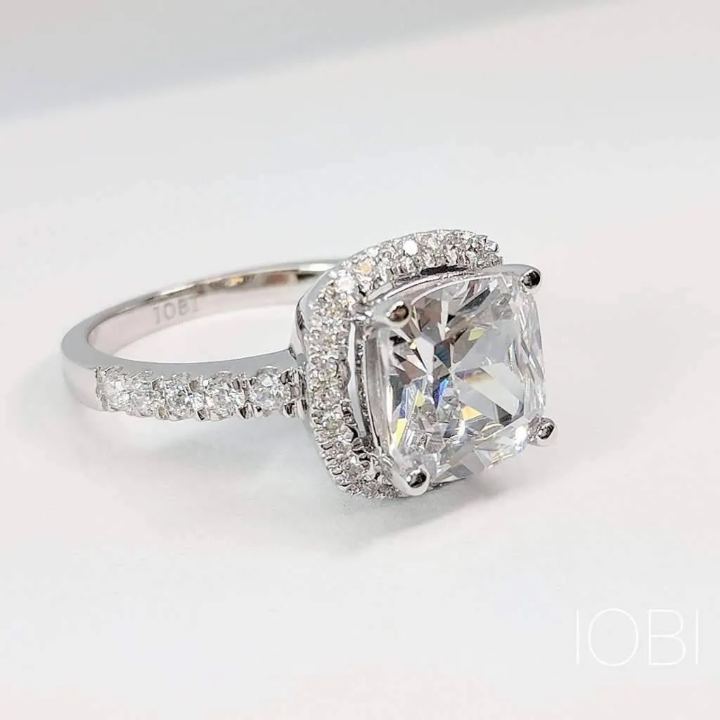 Regina 3CT Cushion Cut Halo IOBI Simulated Diamond Sterling Silver Platinum Plated Ring For Woman