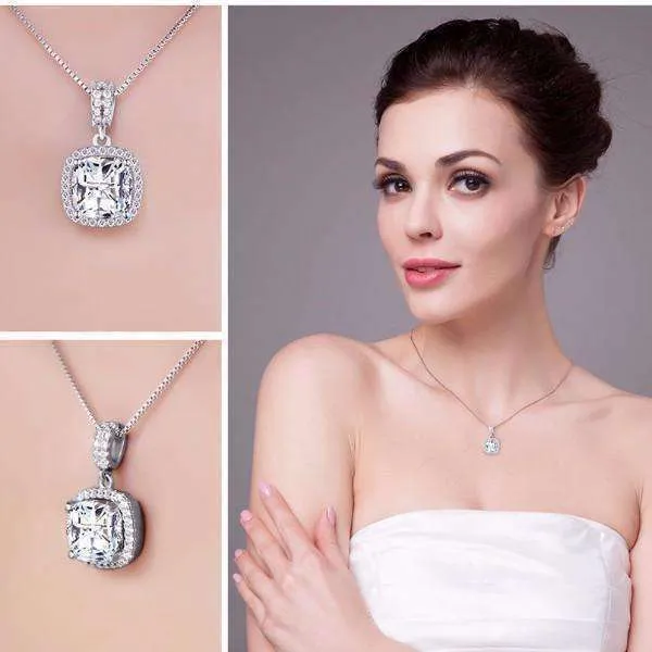 Reina 3CT Cushion Cut Halo CZ Pendant Necklace