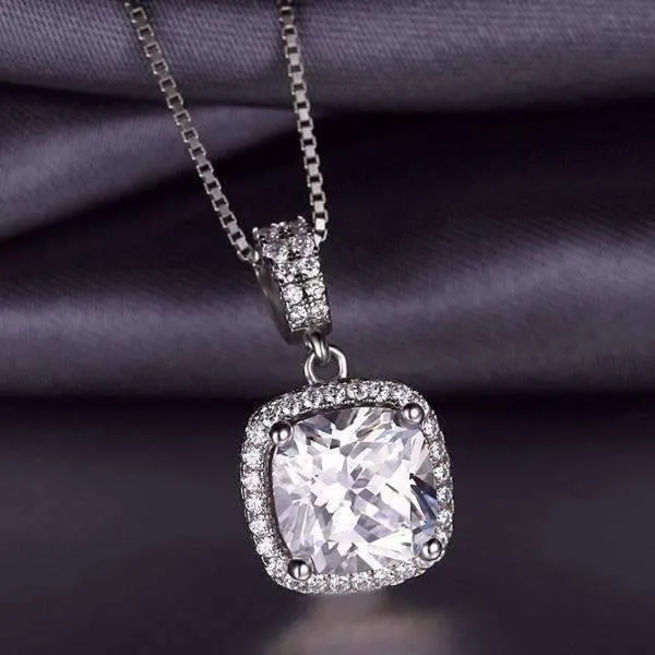 Reina 3CT Cushion Cut Halo CZ Pendant Necklace