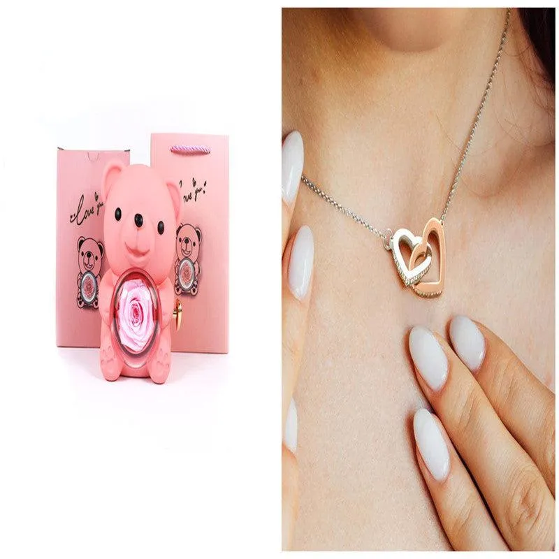 Romantic Eternal Rose Teddy Bear Jewelry Box with Necklace - Perfect Gift for Her