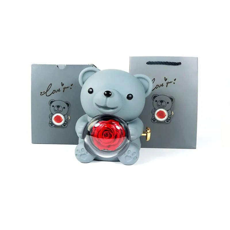 Romantic Eternal Rose Teddy Bear Jewelry Box with Necklace - Perfect Gift for Her
