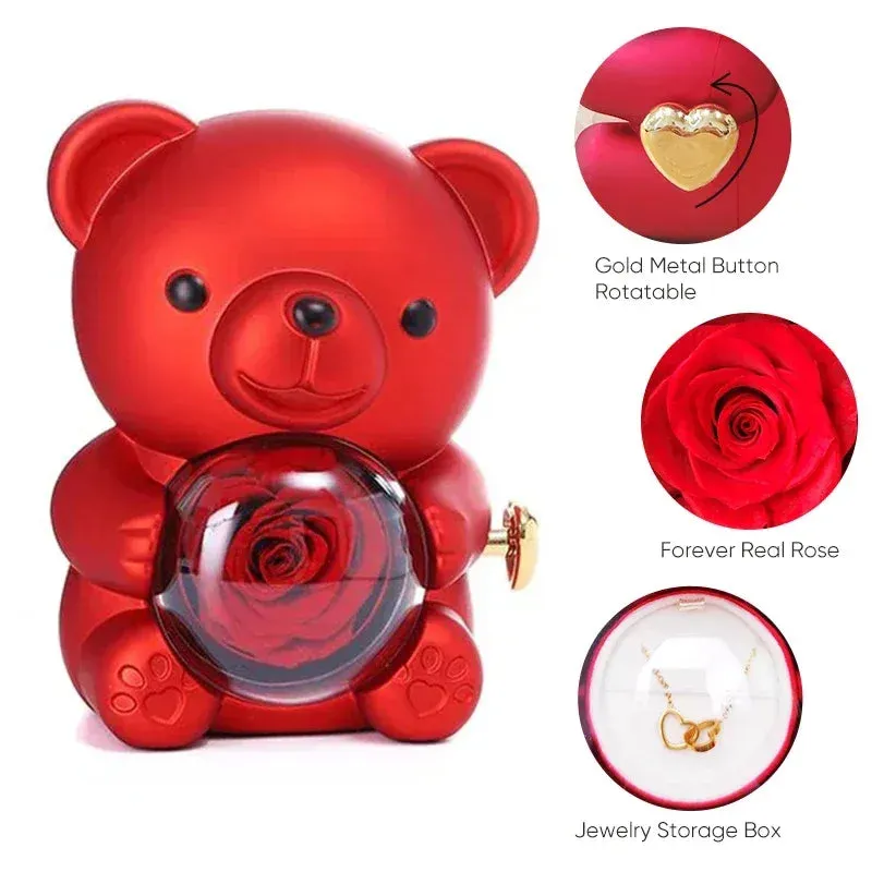 Romantic Eternal Rose Teddy Bear Jewelry Box with Necklace - Perfect Gift for Her