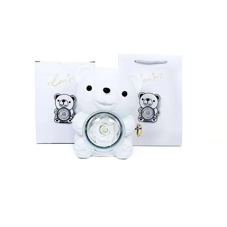 Romantic Eternal Rose Teddy Bear Jewelry Box with Necklace - Perfect Gift for Her