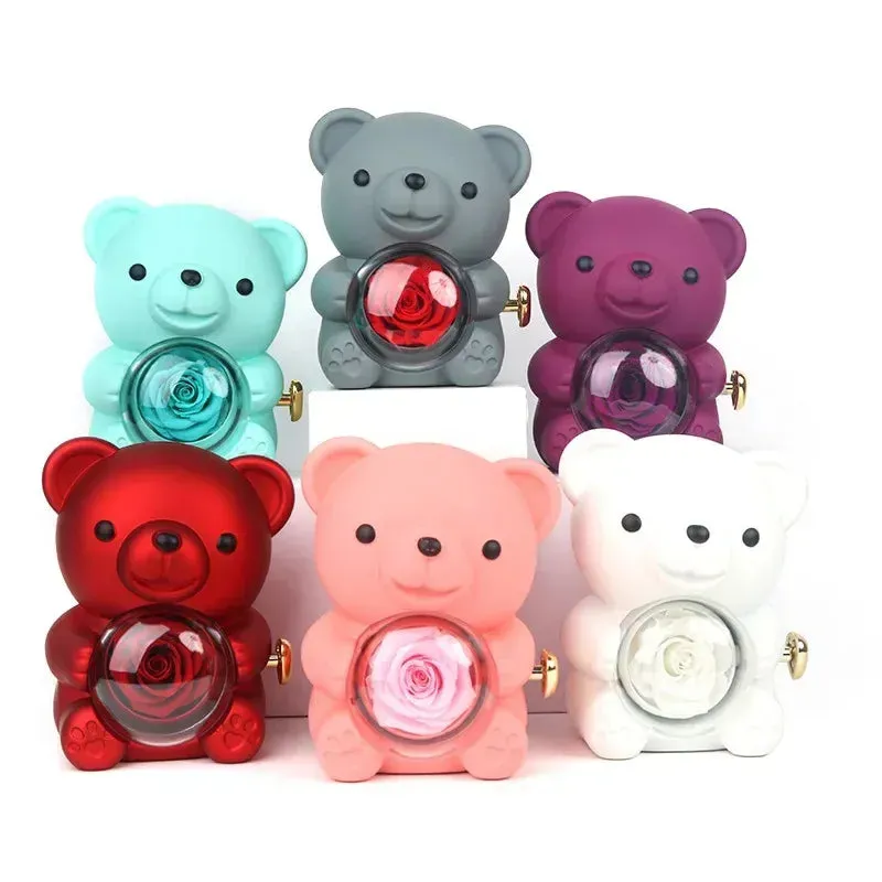Romantic Eternal Rose Teddy Bear Jewelry Box with Necklace - Perfect Gift for Her