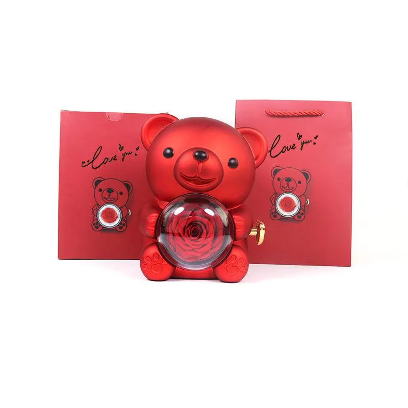 Romantic Eternal Rose Teddy Bear Jewelry Box with Necklace - Perfect Gift for Her