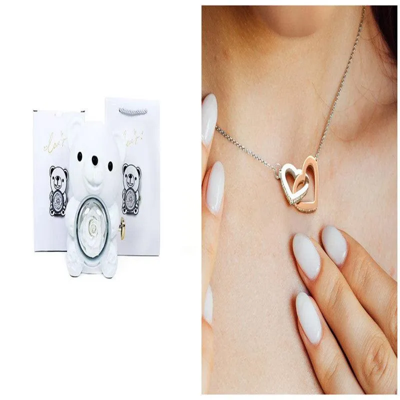 Romantic Eternal Rose Teddy Bear Jewelry Box with Necklace - Perfect Gift for Her