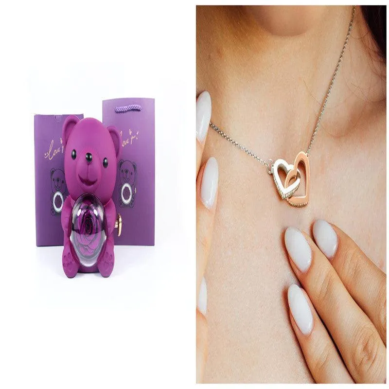 Romantic Eternal Rose Teddy Bear Jewelry Box with Necklace - Perfect Gift for Her