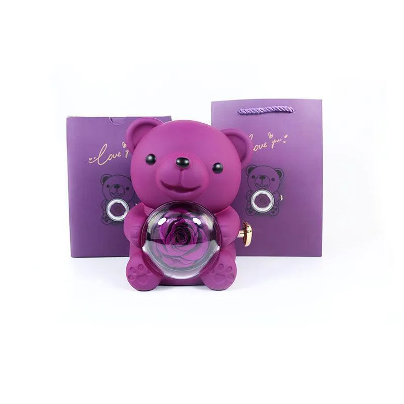 Romantic Eternal Rose Teddy Bear Jewelry Box with Necklace - Perfect Gift for Her