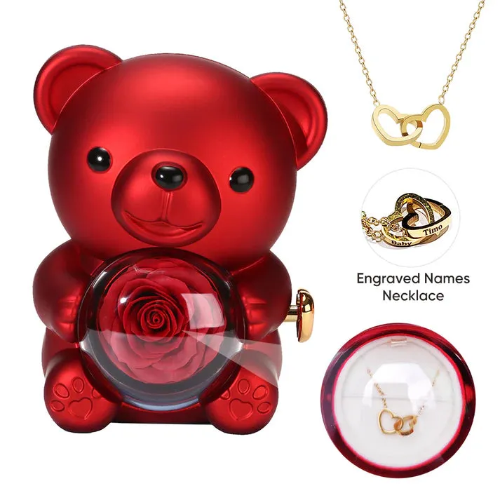 Romantic Eternal Rose Teddy Bear Jewelry Box with Necklace - Perfect Gift for Her