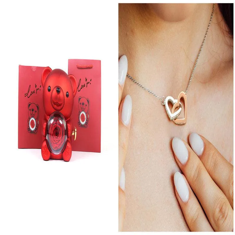 Romantic Eternal Rose Teddy Bear Jewelry Box with Necklace - Perfect Gift for Her
