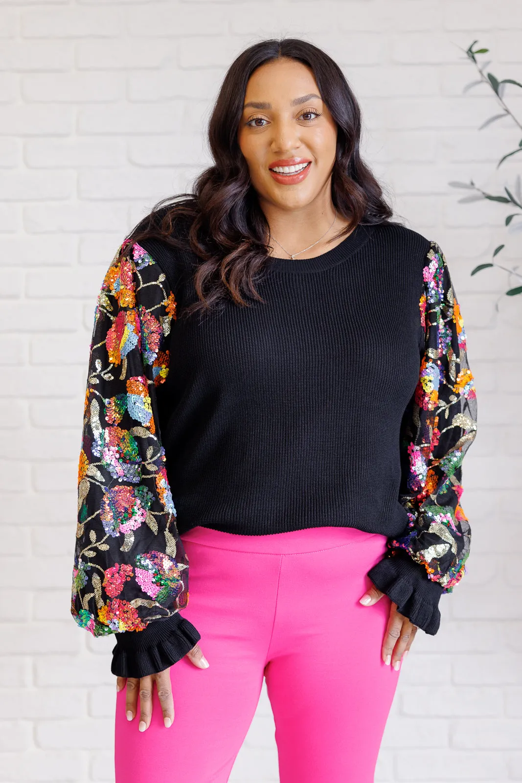 She is the Party Floral Sequins Mesh Sleeve Top - 11/19
