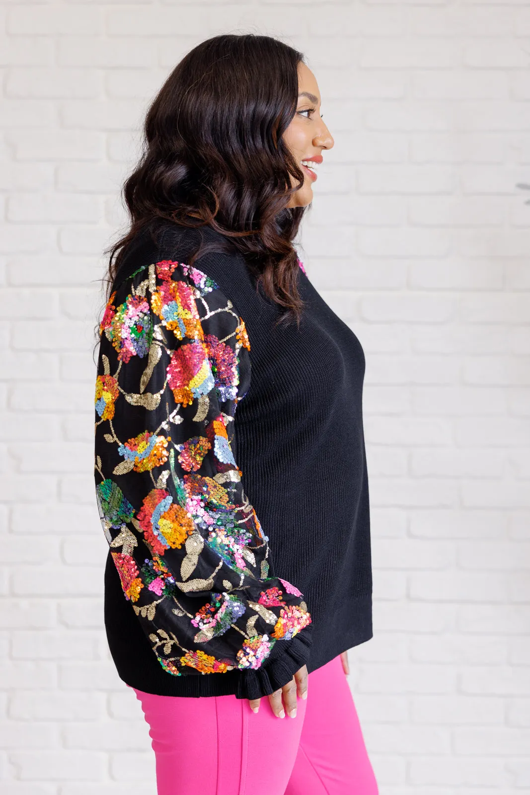 She is the Party Floral Sequins Mesh Sleeve Top - 11/19