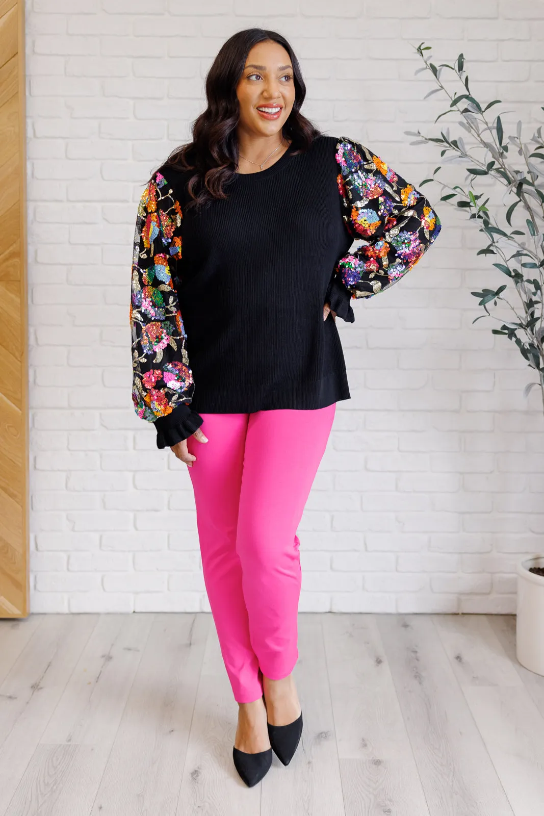 She is the Party Floral Sequins Mesh Sleeve Top - 11/19