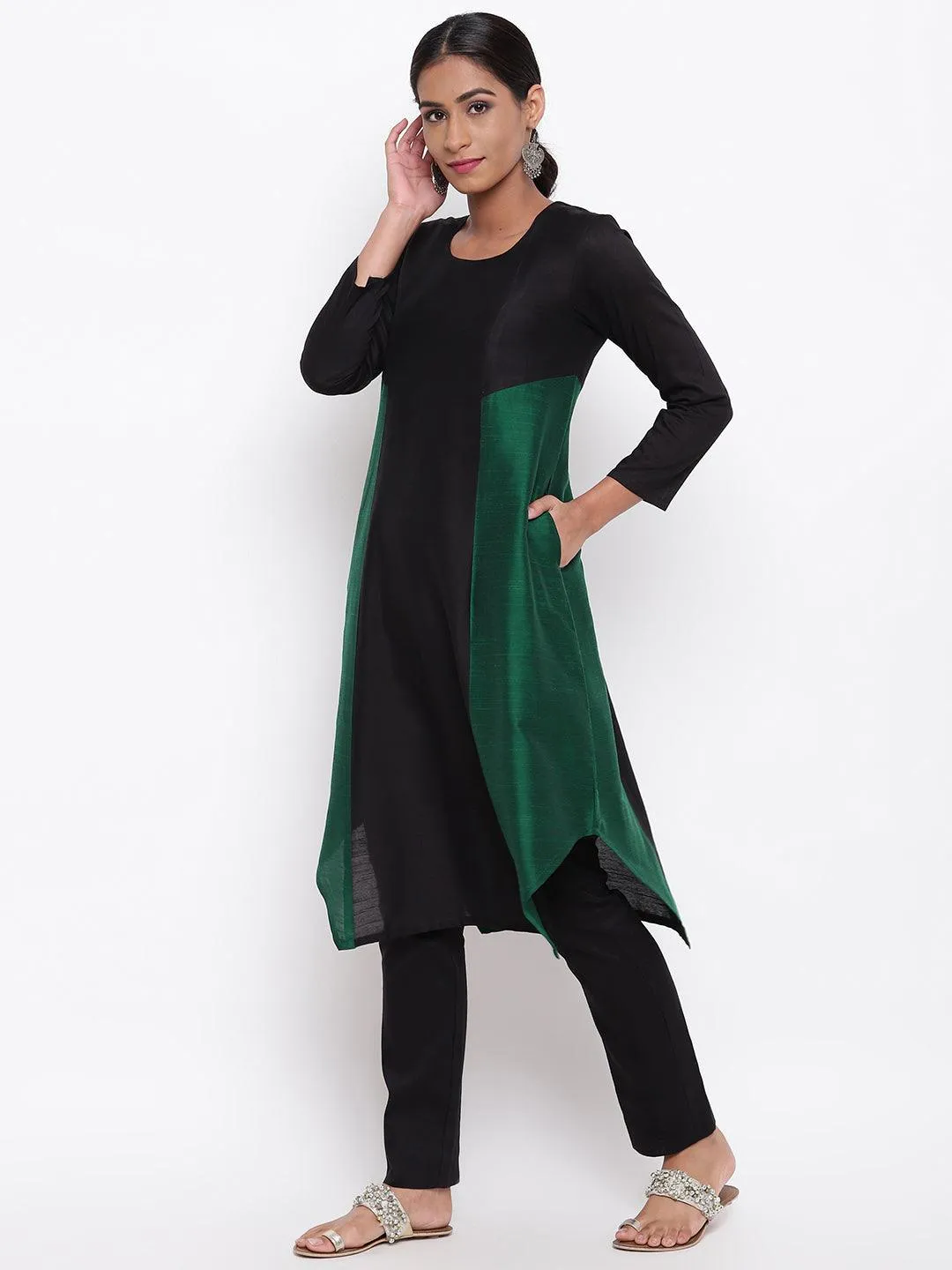 Silk Blend Panelled Kurta-Pant