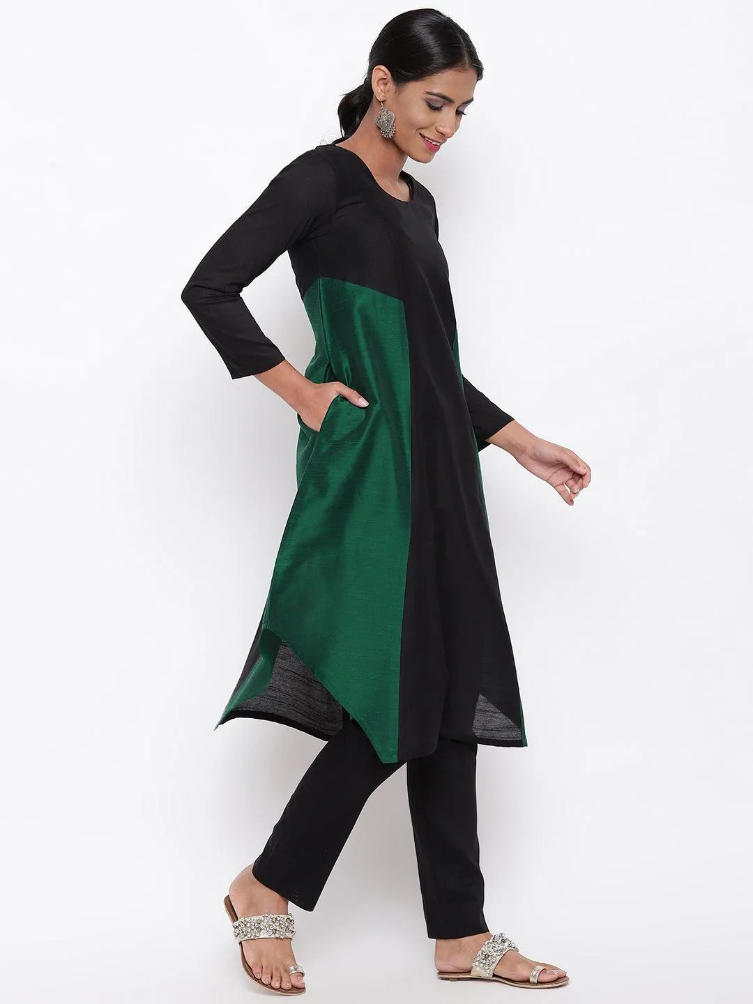 Silk Blend Panelled Kurta-Pant
