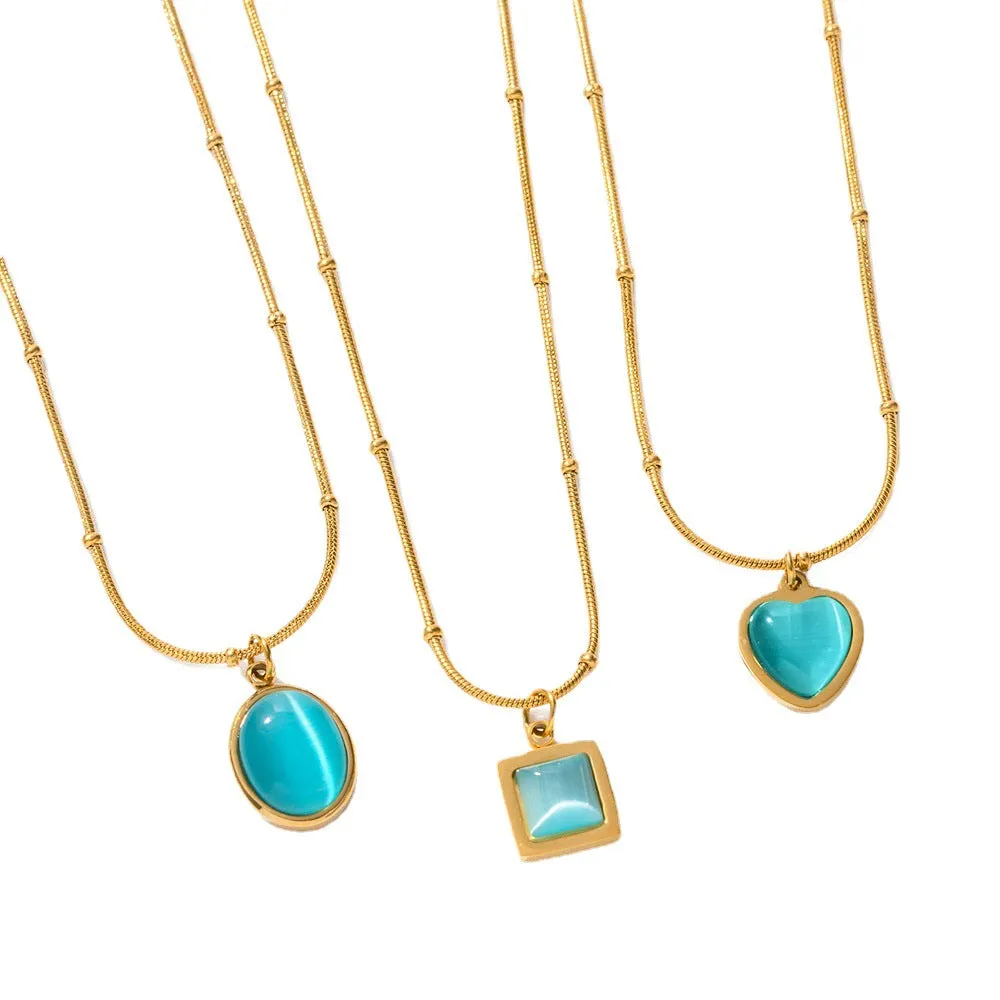 SISSLIA 2024 New Stainless Steel Blue Cat's Eye Square Niche Design High Fashion Necklace for Women