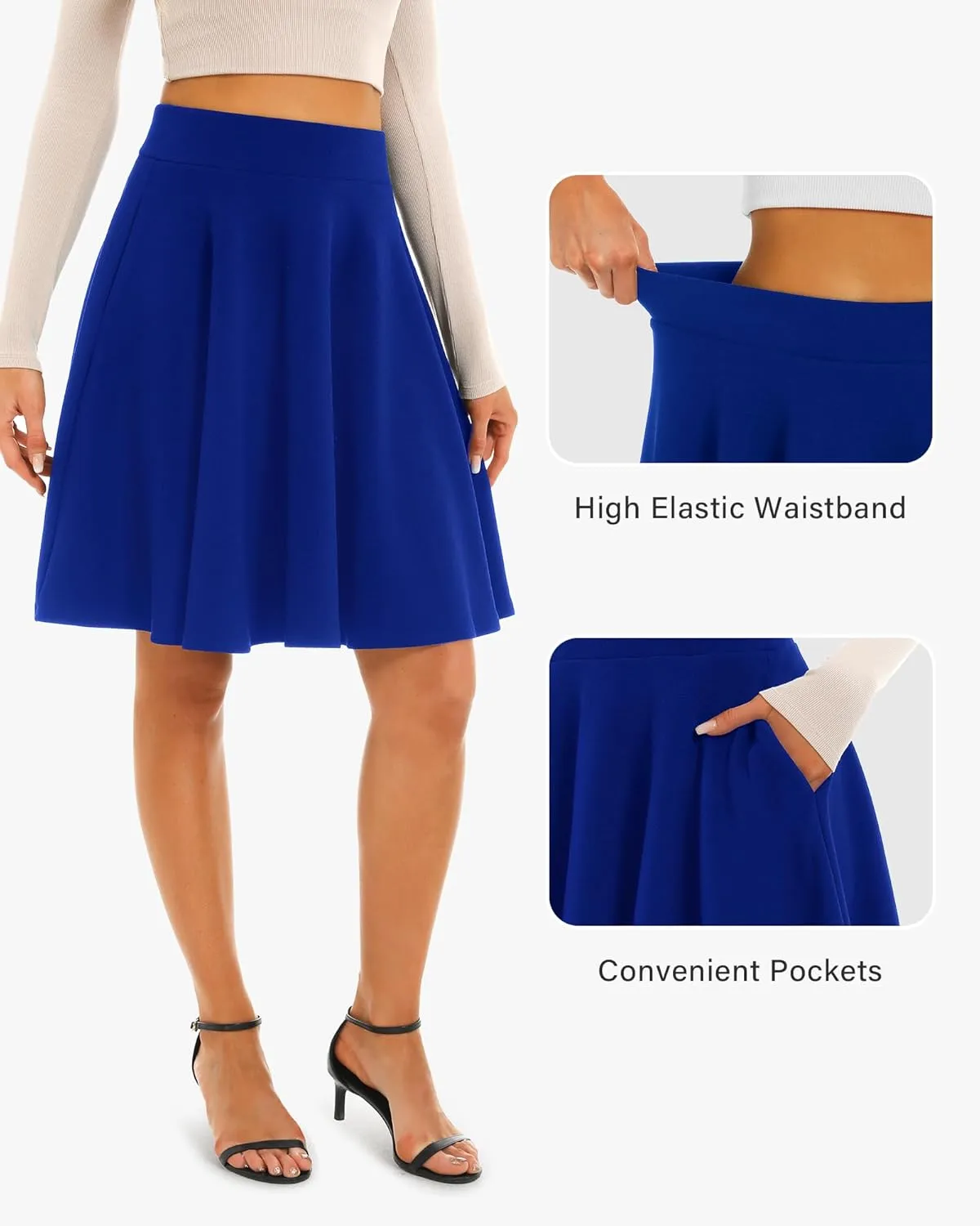 Stelle Women's 20" Knee Length Skirts with Pockets Casual Basic Midi Skirt Stretchy A-Line Skater Flared Pleated