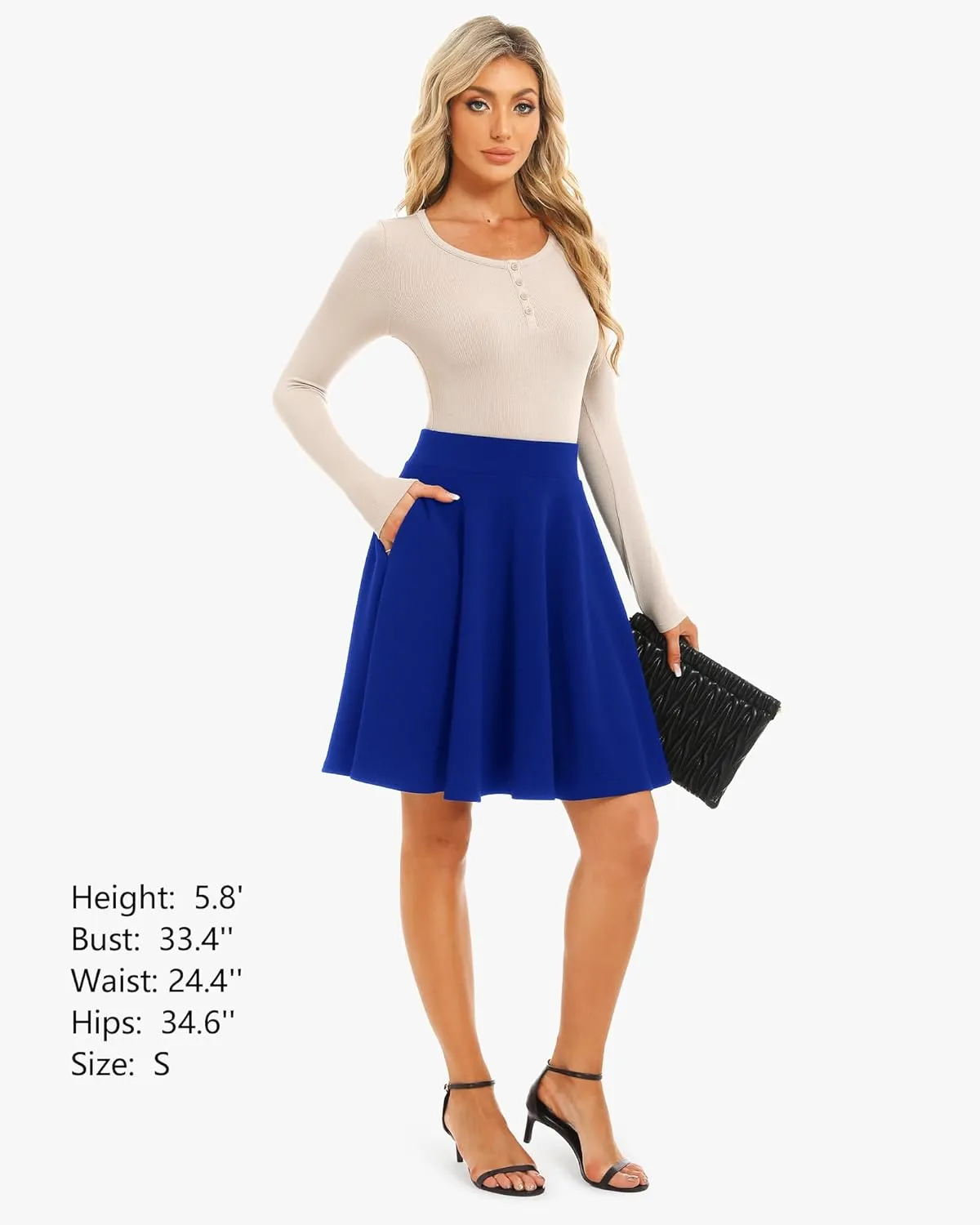 Stelle Women's 20" Knee Length Skirts with Pockets Casual Basic Midi Skirt Stretchy A-Line Skater Flared Pleated