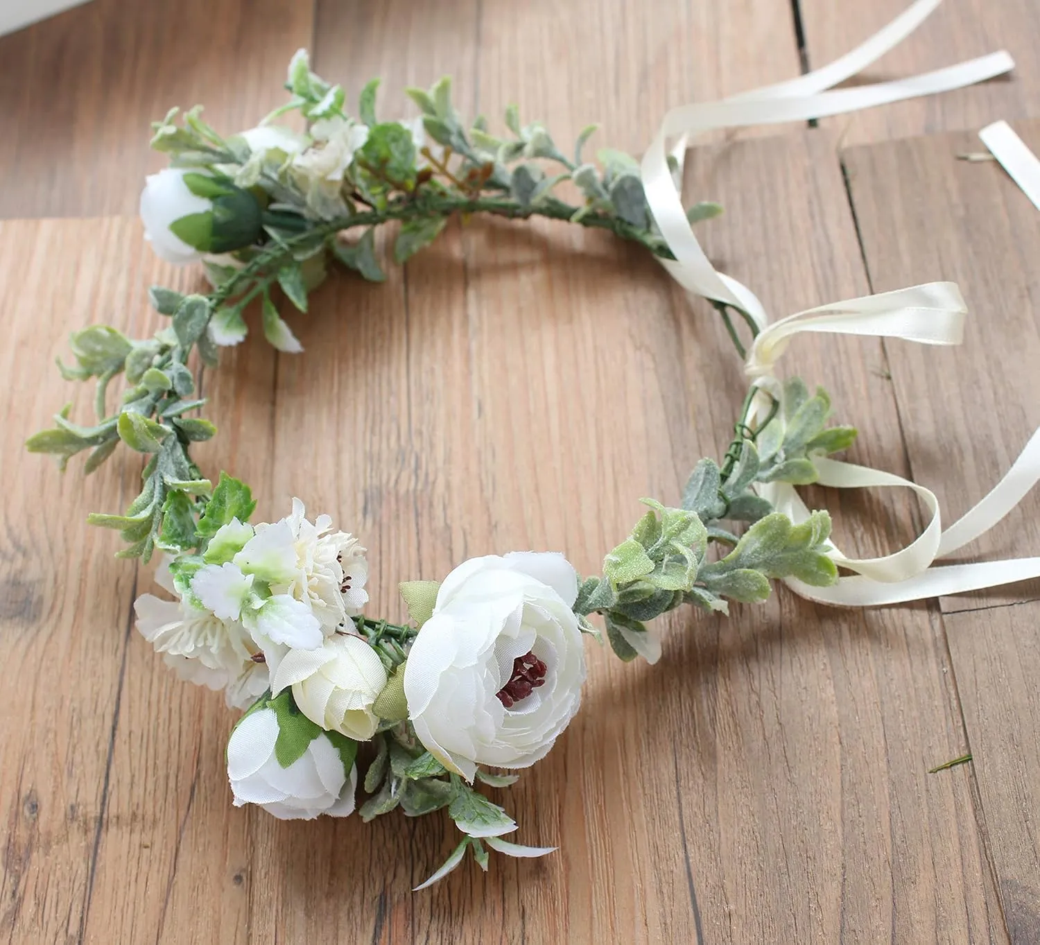 Vivivalue Boho Flower Crown Flower Garland Headband Hair Wreath Floral Headpiece Halo with Ribbon Wedding Party Photos Festival White