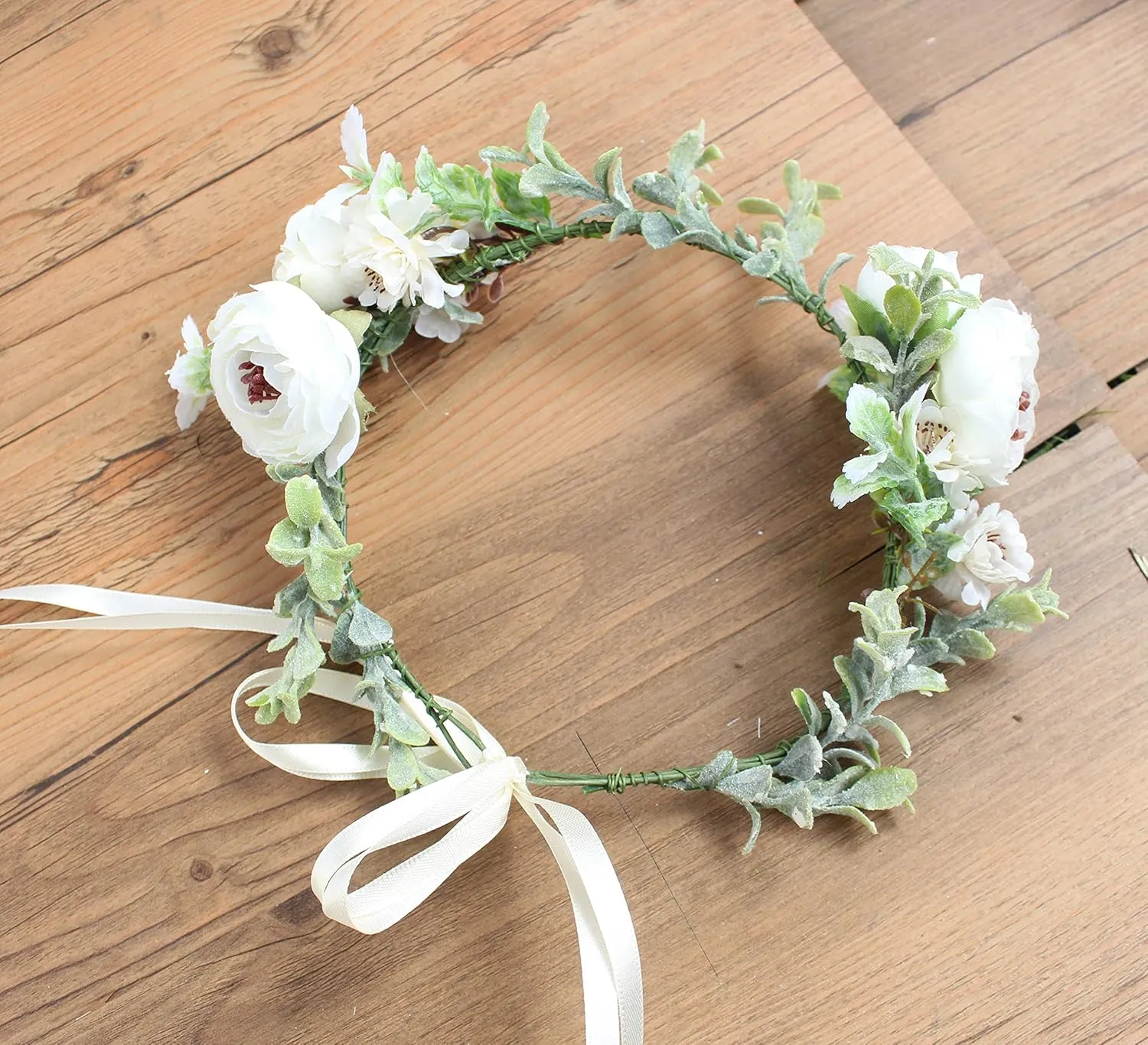 Vivivalue Boho Flower Crown Flower Garland Headband Hair Wreath Floral Headpiece Halo with Ribbon Wedding Party Photos Festival White