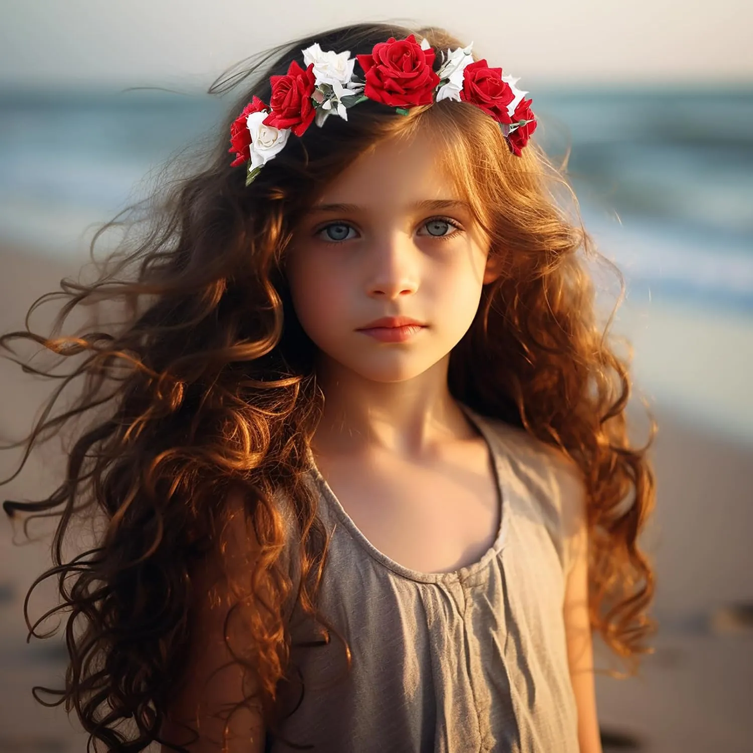 Vivivalue Boho Flower Crown Rose Flower Headband Hair Wreath Floral Headpiece Halo with Ribbon Wedding Party Photos Festival Red and White