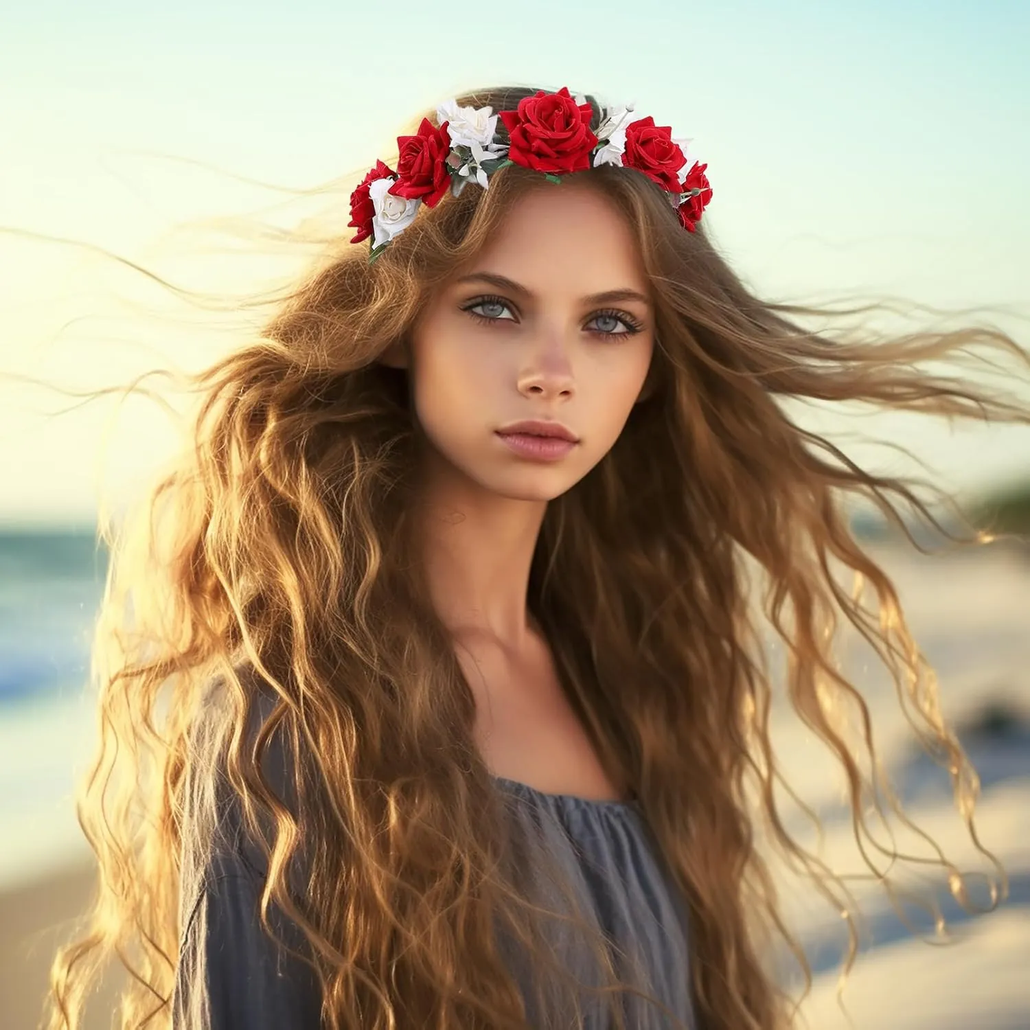 Vivivalue Boho Flower Crown Rose Flower Headband Hair Wreath Floral Headpiece Halo with Ribbon Wedding Party Photos Festival Red and White