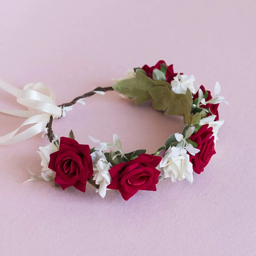 Vivivalue Boho Flower Crown Rose Flower Headband Hair Wreath Floral Headpiece Halo with Ribbon Wedding Party Photos Festival Red and White