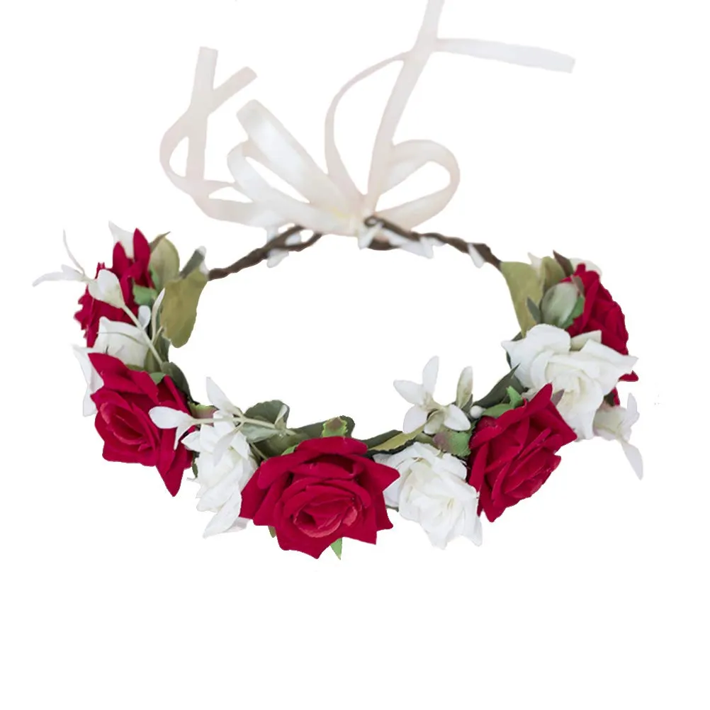 Vivivalue Boho Flower Crown Rose Flower Headband Hair Wreath Floral Headpiece Halo with Ribbon Wedding Party Photos Festival Red and White