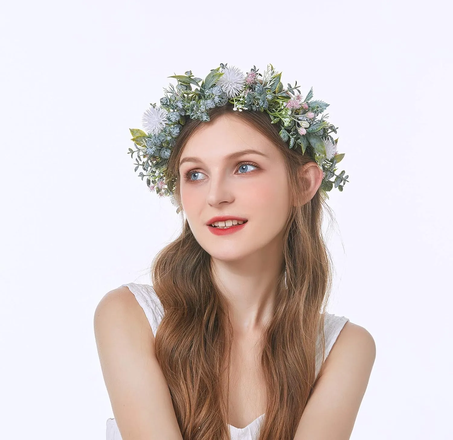 Vivivalue Boho Flower Headband Women Flower Crown Hair Wreath Floral Headpiece Halo with Ribbon Wedding Party White