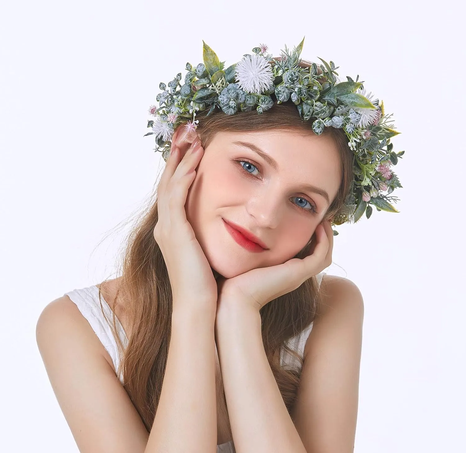 Vivivalue Boho Flower Headband Women Flower Crown Hair Wreath Floral Headpiece Halo with Ribbon Wedding Party White