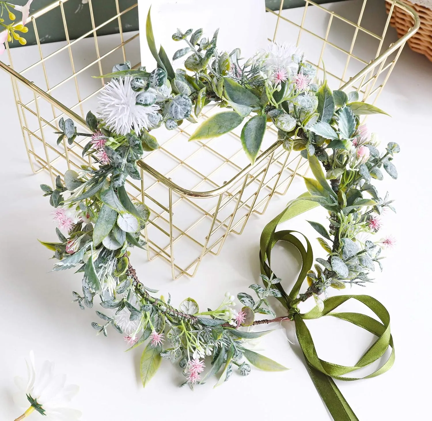Vivivalue Boho Flower Headband Women Flower Crown Hair Wreath Floral Headpiece Halo with Ribbon Wedding Party White
