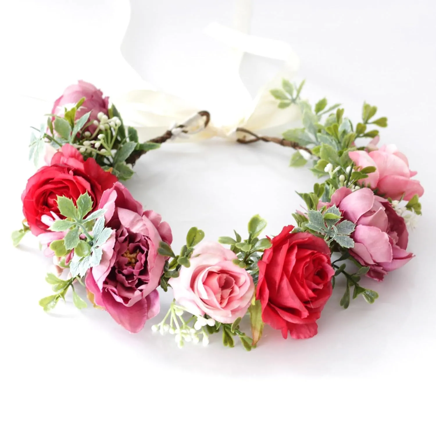 Vivivalue Fairy Flower Crown Floral Headband Even Headpiece Woodland Forest Elf Circlet for Women Girls Wedding Bridal Halloween Cosplay Photo Shoot Accessory Red