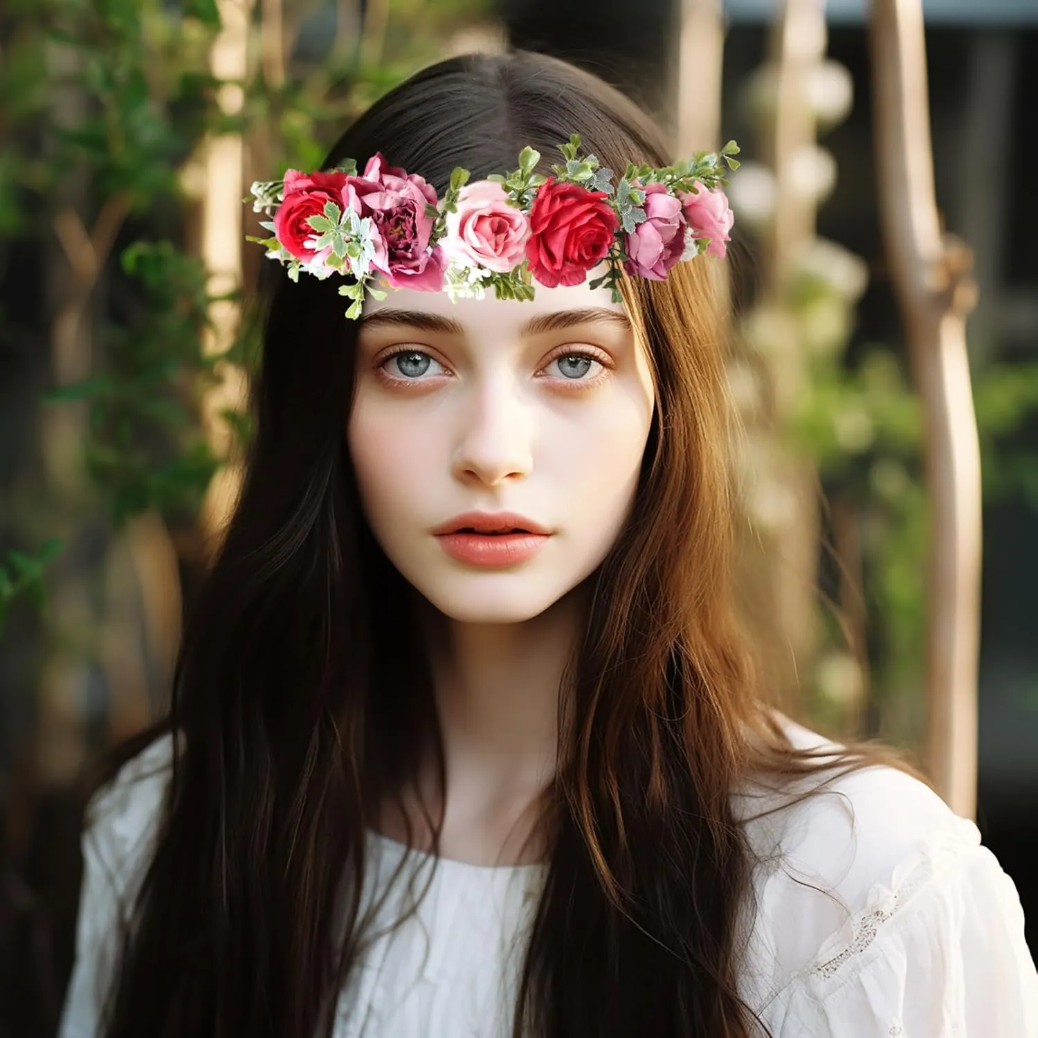 Vivivalue Fairy Flower Crown Floral Headband Even Headpiece Woodland Forest Elf Circlet for Women Girls Wedding Bridal Halloween Cosplay Photo Shoot Accessory Red