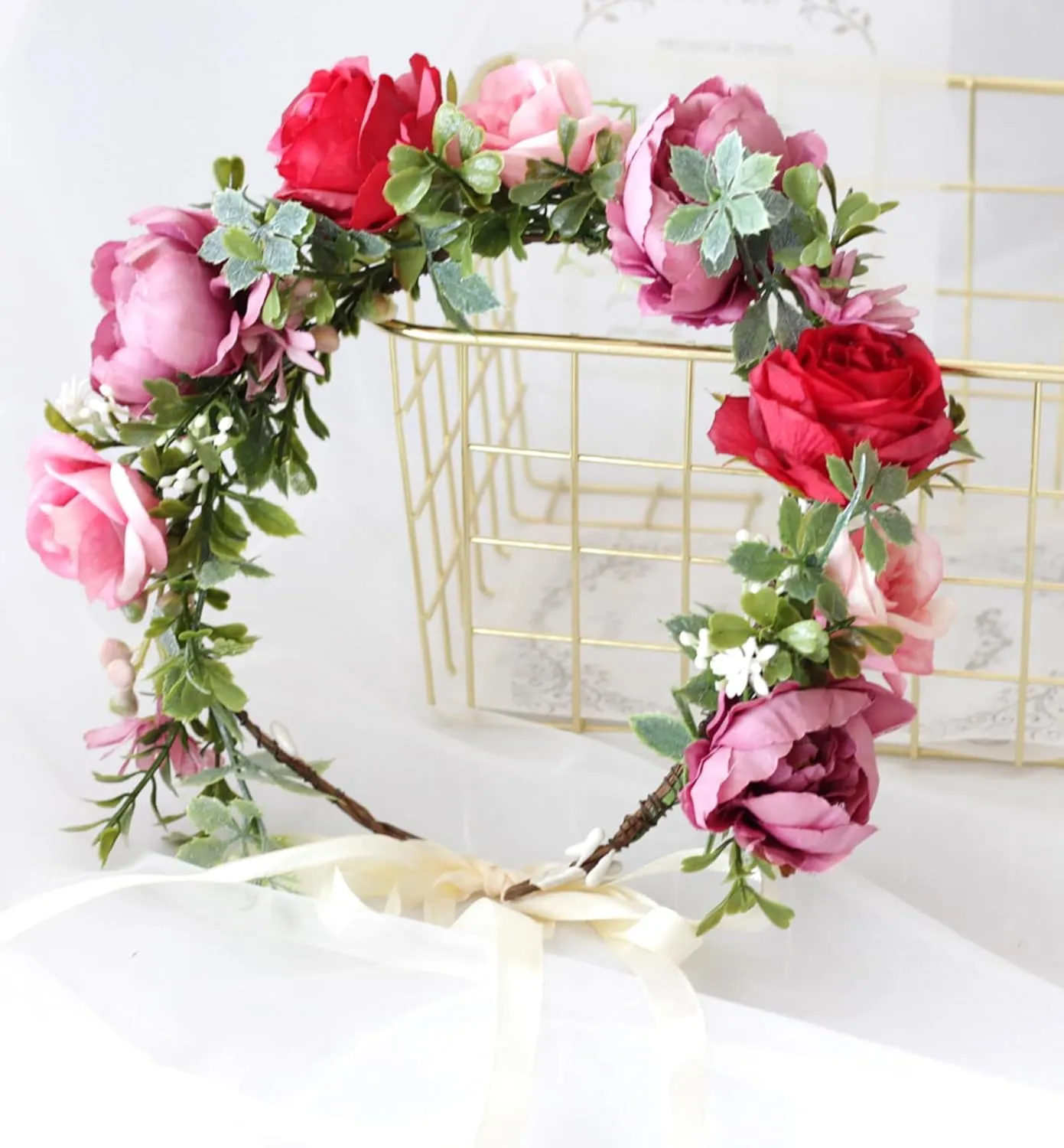 Vivivalue Fairy Flower Crown Floral Headband Even Headpiece Woodland Forest Elf Circlet for Women Girls Wedding Bridal Halloween Cosplay Photo Shoot Accessory Red