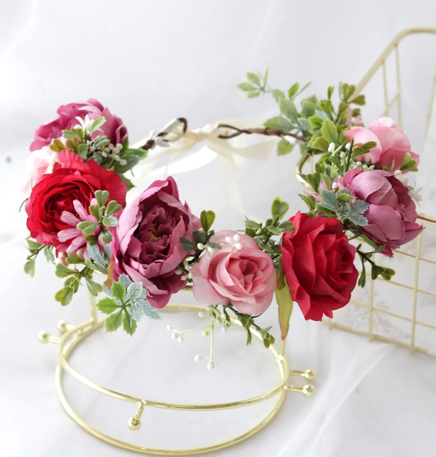 Vivivalue Fairy Flower Crown Floral Headband Even Headpiece Woodland Forest Elf Circlet for Women Girls Wedding Bridal Halloween Cosplay Photo Shoot Accessory Red