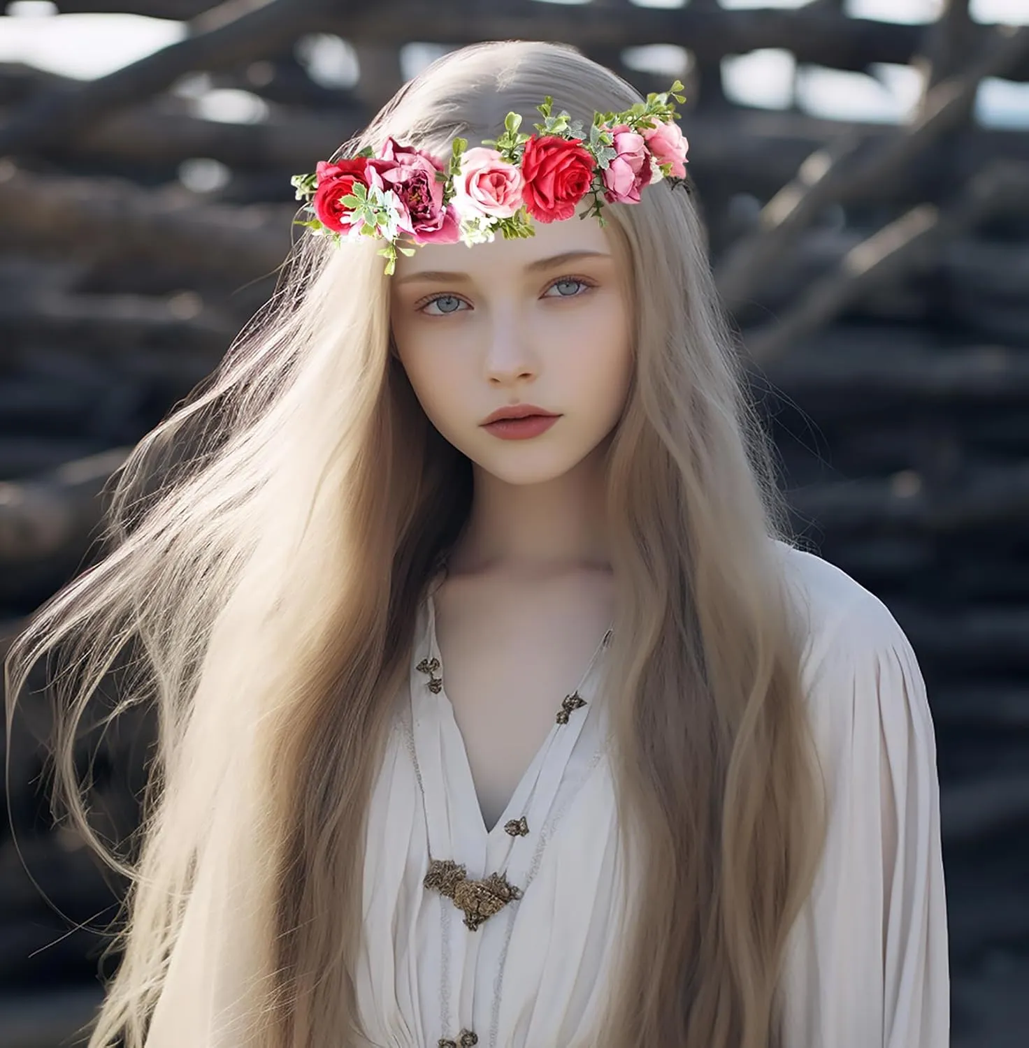Vivivalue Fairy Flower Crown Floral Headband Even Headpiece Woodland Forest Elf Circlet for Women Girls Wedding Bridal Halloween Cosplay Photo Shoot Accessory Red