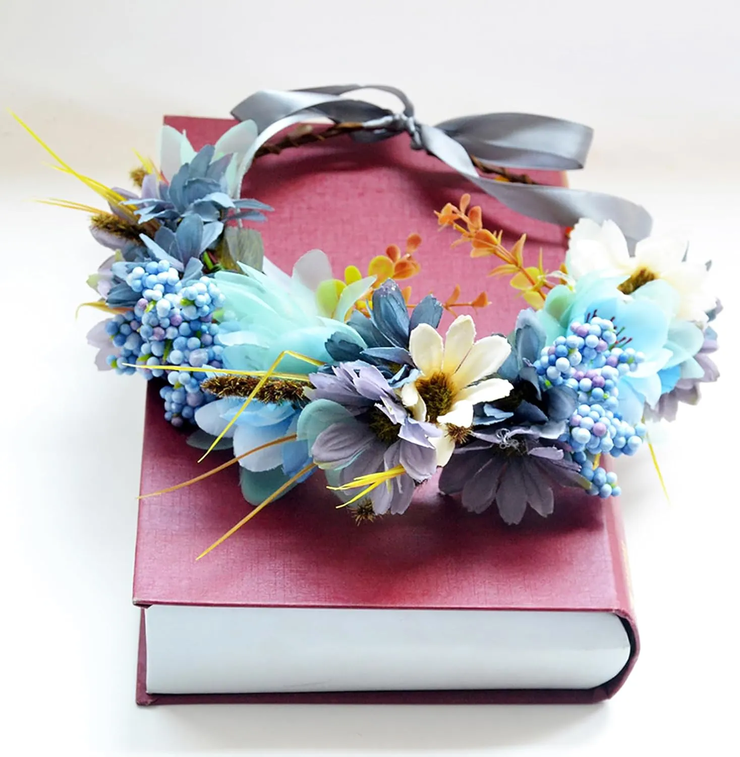 Vivivalue Woodland Flower Crown Forest Fairy Headpiece Elf Headband with Wrist Band Women Girls Wedding Maternity Halloween Cosplay Photo Prop Blue