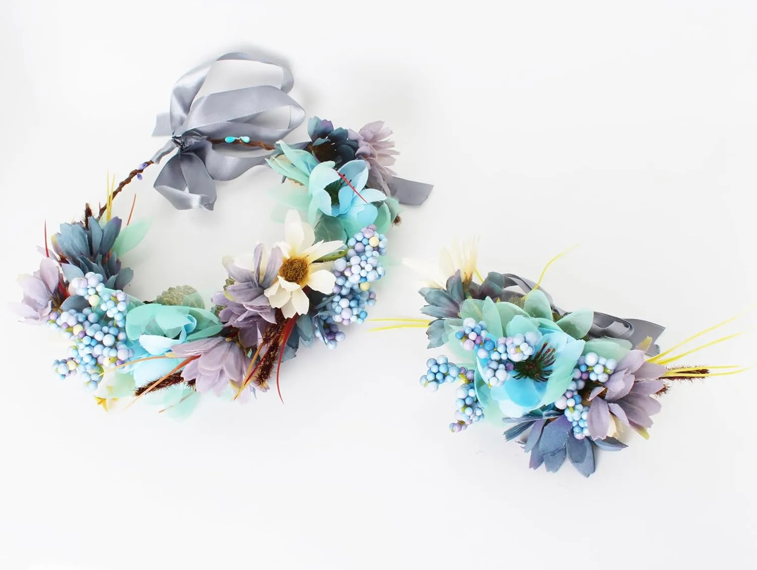 Vivivalue Woodland Flower Crown Forest Fairy Headpiece Elf Headband with Wrist Band Women Girls Wedding Maternity Halloween Cosplay Photo Prop Blue