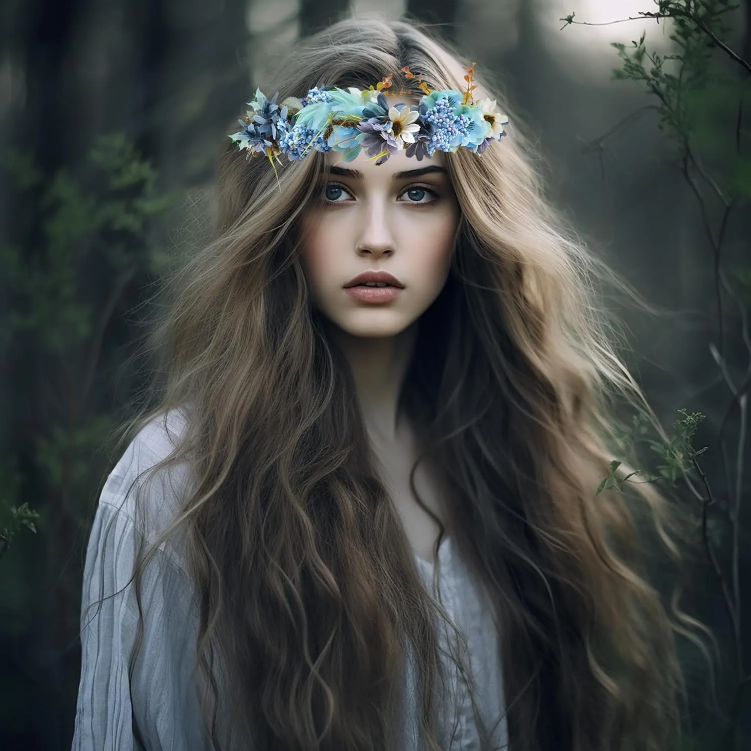 Vivivalue Woodland Flower Crown Forest Fairy Headpiece Elf Headband with Wrist Band Women Girls Wedding Maternity Halloween Cosplay Photo Prop Blue