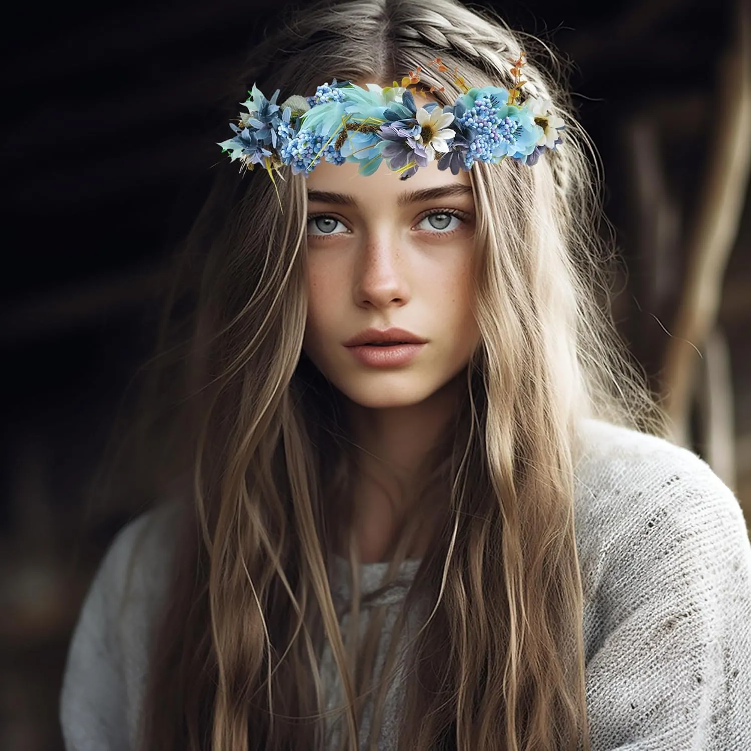 Vivivalue Woodland Flower Crown Forest Fairy Headpiece Elf Headband with Wrist Band Women Girls Wedding Maternity Halloween Cosplay Photo Prop Blue