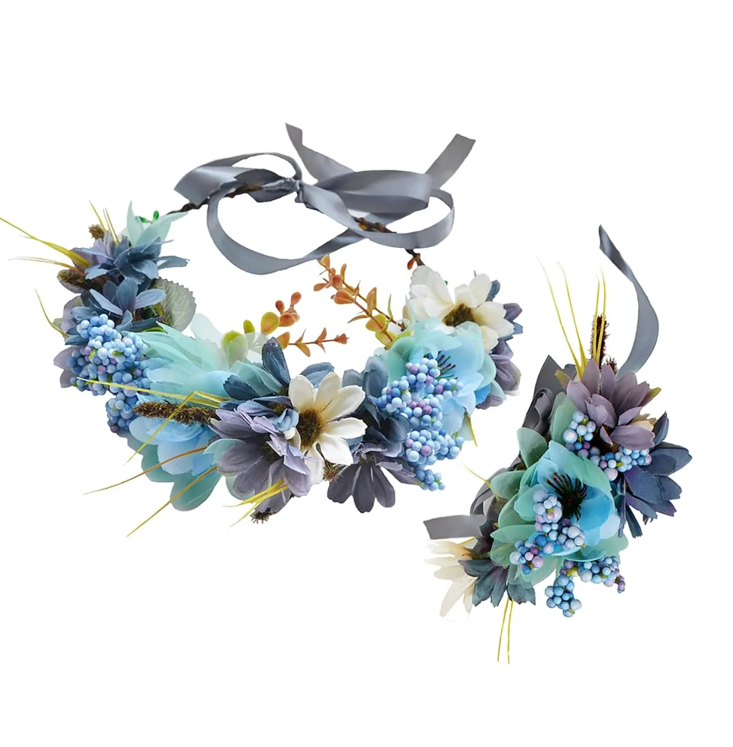 Vivivalue Woodland Flower Crown Forest Fairy Headpiece Elf Headband with Wrist Band Women Girls Wedding Maternity Halloween Cosplay Photo Prop Blue