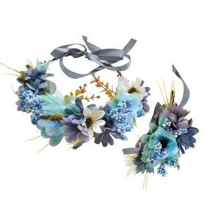 Vivivalue Woodland Flower Crown Forest Fairy Headpiece Elf Headband with Wrist Band Women Girls Wedding Maternity Halloween Cosplay Photo Prop Blue