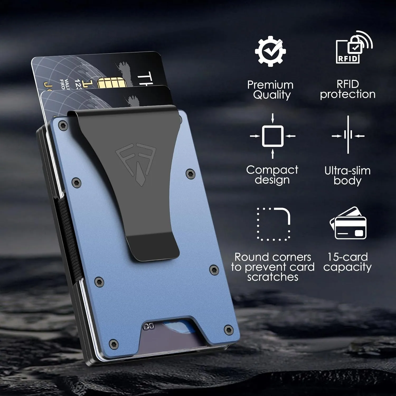 Wallet for Men with Transparent ID Card Holder - Slim Mens Wallet with RFID Blocking Technology - 15 Card Holder Capacity - Metal Money Clip for Bill Holder - Box Packaged - Gift for Him(Blue)