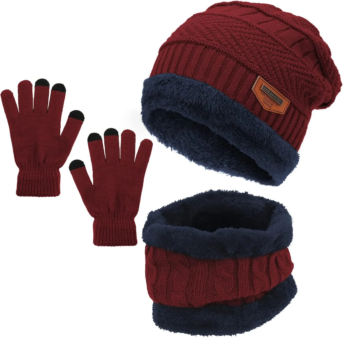 Zando Beanie Hats Fleece Neck Warmer Set Thick Fleece Lined Touch Screen Gloves Winter Hats Men Women