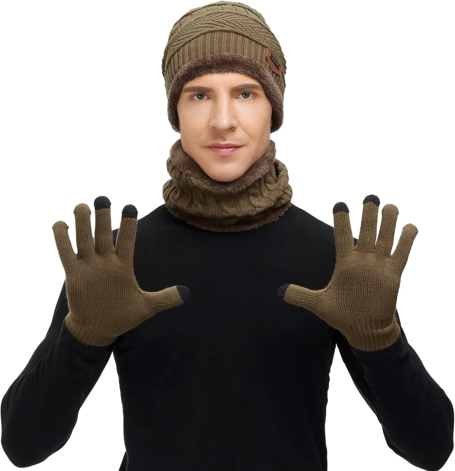 Zando Beanie Hats Fleece Neck Warmer Set Thick Fleece Lined Touch Screen Gloves Winter Hats Men Women